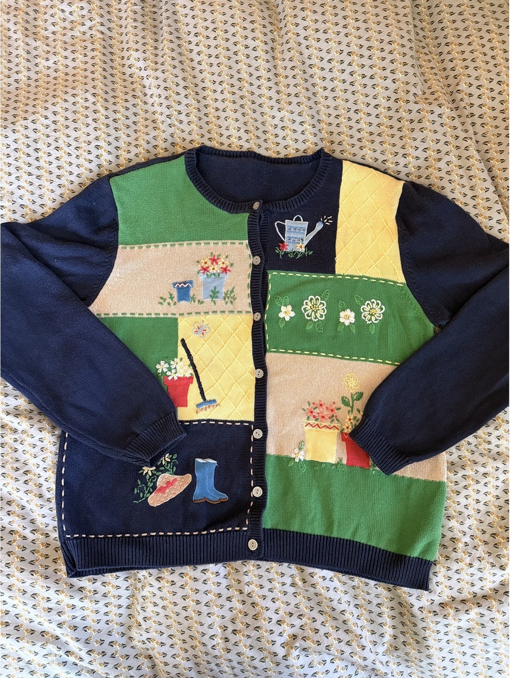 Vintage Patchwork Garden-Themed Button-Up Cardigan Sweater